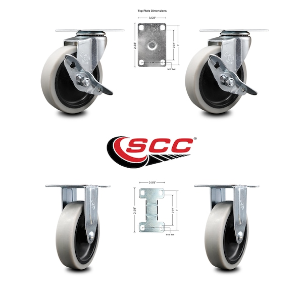 4 Inch Thermoplastic Wheel Top Plate Caster Set with 2 Brakes 2 Rigid SCC